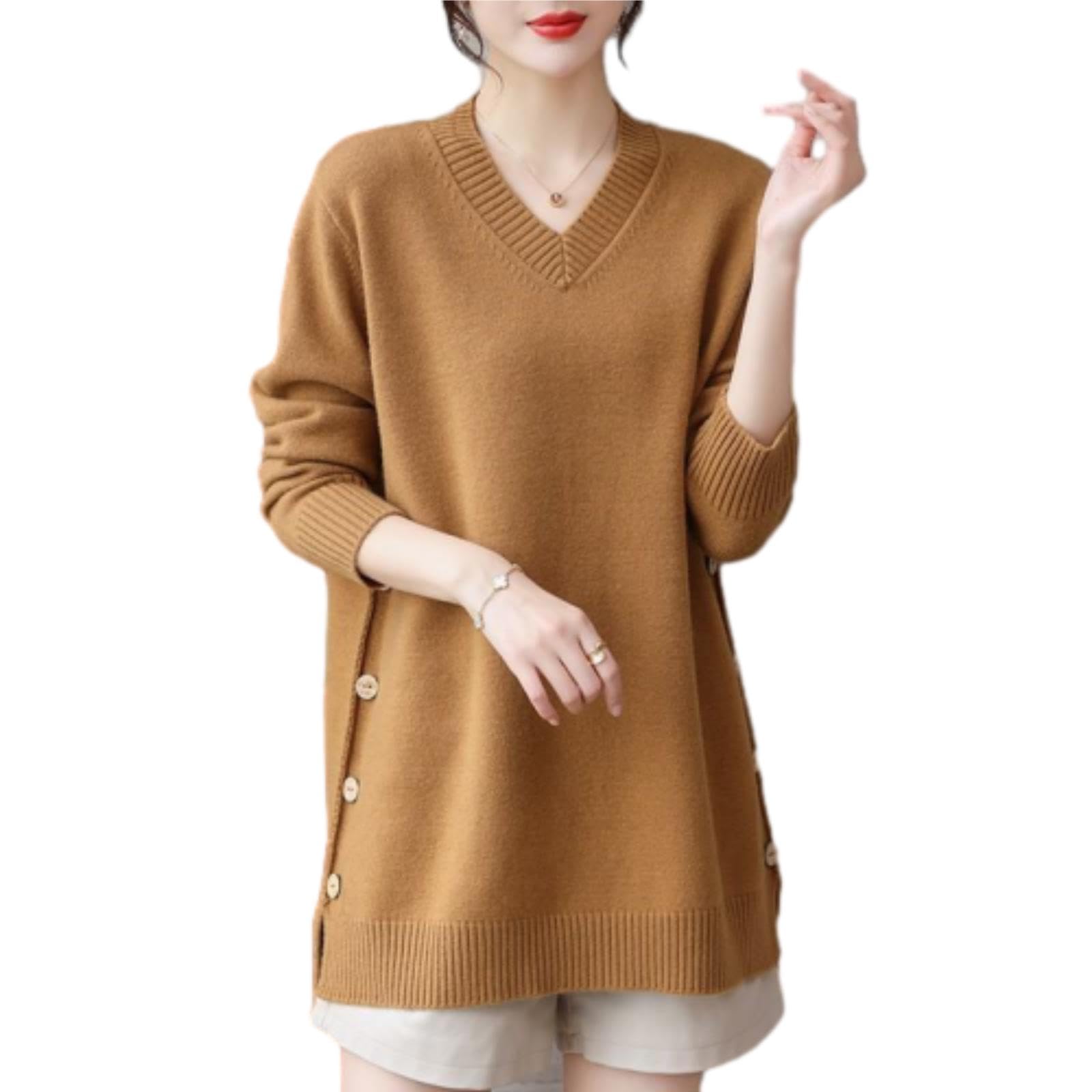 

Knit Pullover Long Button Plus Loose Cut and Casual Everyday Spring [MSFQSNB] Women s Sweater, Top, V-Neck, Sleeves, Detail, Sizes, Fit, Versatile,