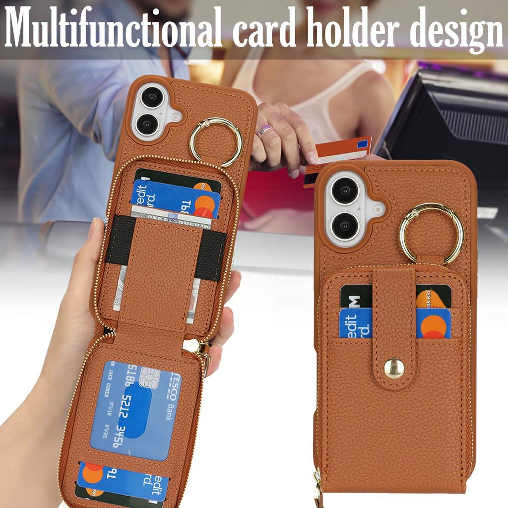 For iPhone 16 Case with Zipper Pouch/Ring Kickstand/Strap Litchi Texture PU + TPU Phone Cover