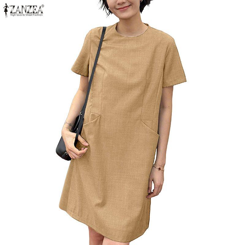 ZANZEA Vestido casual de manga corta de color sólido con cuello redondo para mujer