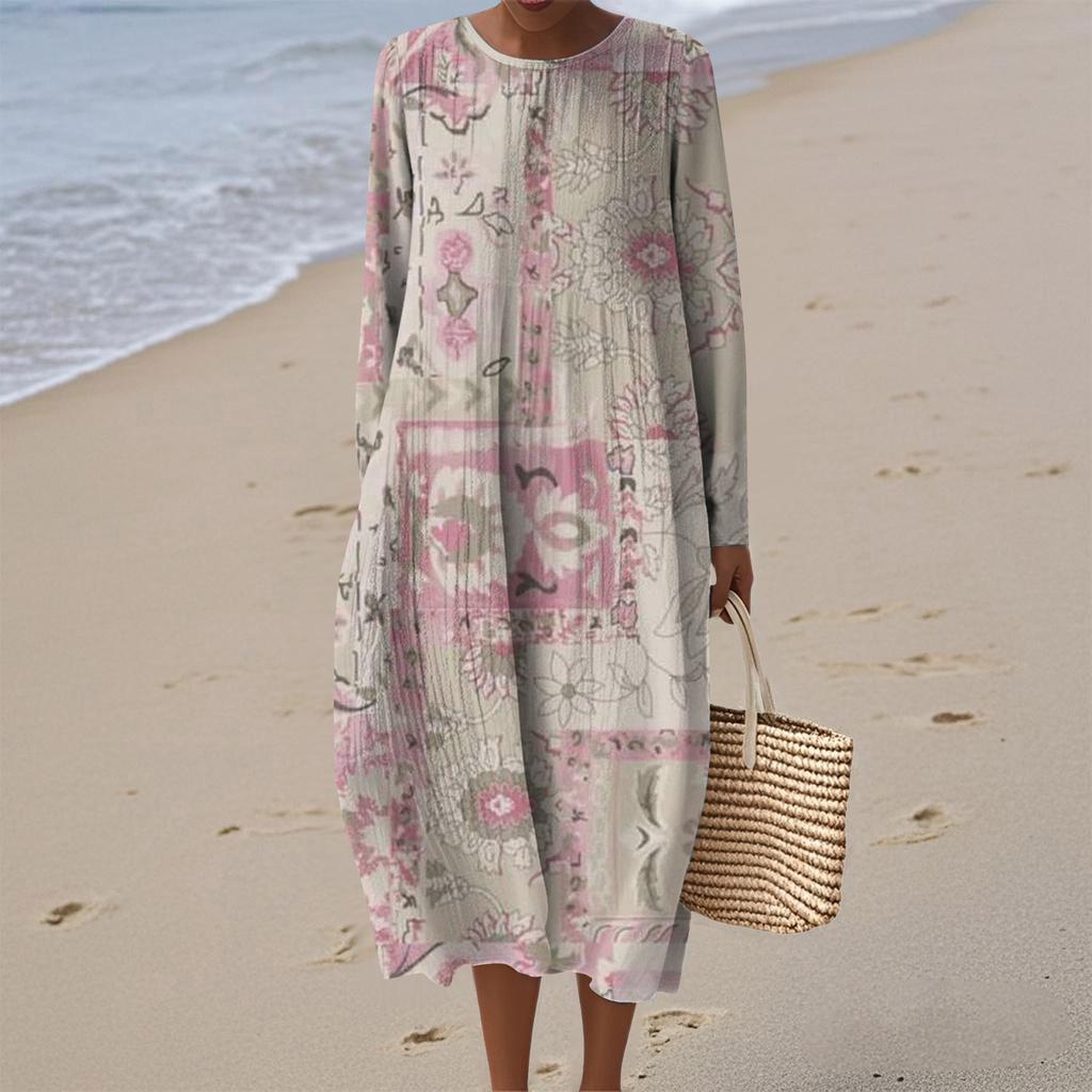 Damen Modisches Lässiges Langärmliges Rundhals Retro Geometrischer Druck Elegantes Kleid