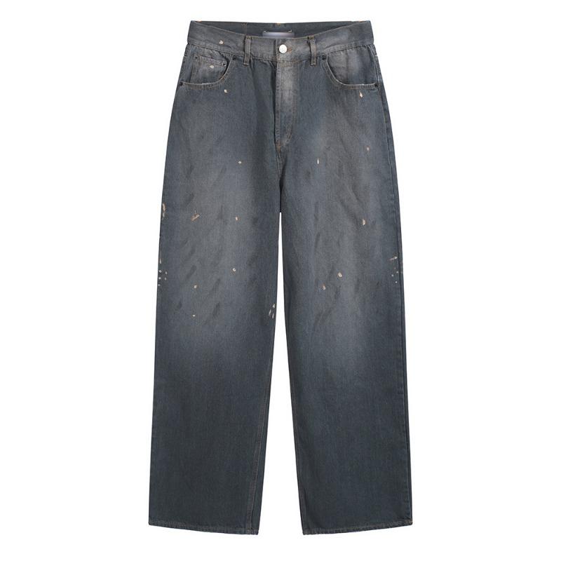 EastRogue Retro Sprany Postarzany Ręcznie Malowany Rozpryskiwany Atrament Denim Luźne Codzienne Unisex Długie Spodnie