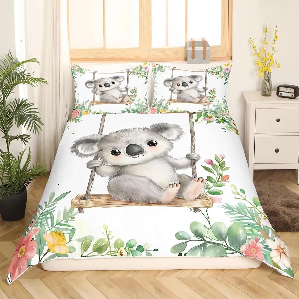 Urocza Poszwa na Kołdrę Koala Rozmiar Twin, Różowy Zestaw Pościeli z Balonem na Gorące Powietrze, Akwarelowy Kwiatowy Zwierzęcy Pokrowiec na Kołdrę, Kreskówkowy Pokrowiec na Kołdrę
