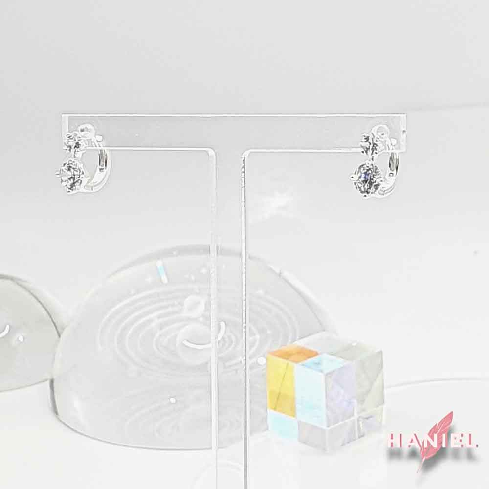 S925 Silver Dual Cubic Shine Huggie Earrings by Haniel – White, One-Touch Design, From Korea