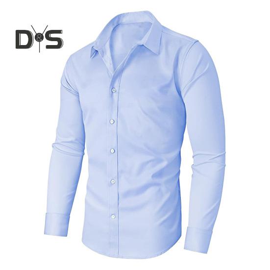 

Мужская классическая рубашка с длинным рукавом и лацканами, рубашка на пуговицах, однотонная официальная деловая рубашка для работы, свиданий, собеседований, свадеб M светло-синий