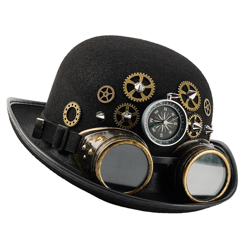 Adjustable Unisex Oval Top Hat With Rivets Decorations and Detachable Goggles Gothic Steampunk Headwear for Adults