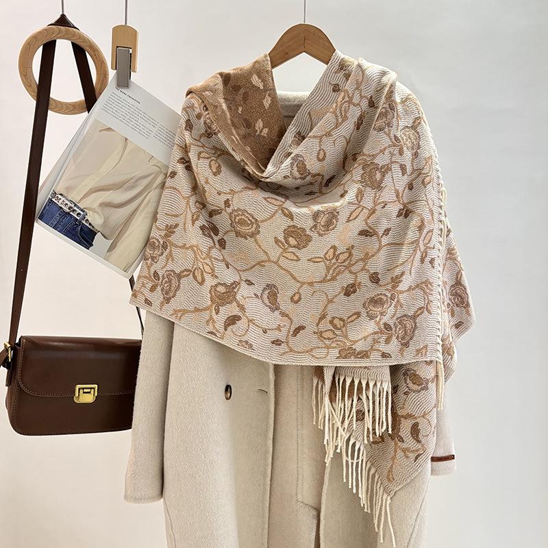 

Жаккардовый шарф с кисточками женский осенне-зимний из пряжи core-spun теплый шарф утолщенный имитация кашемира дорожная шаль 190CM