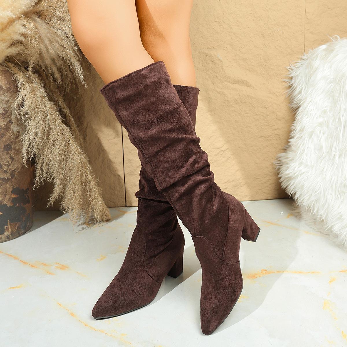 

Autumn and winter new thick heel pointed fashion women s boots suede high heel stacking boots thin boots 43 коричневий
