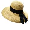 Chapeau de soleil à large bord pour femme en paille de blé Chapeau de plage d'été Casquette élégante Protection UV Noir avec long ruban nœud Derby Chapeaux de voyage