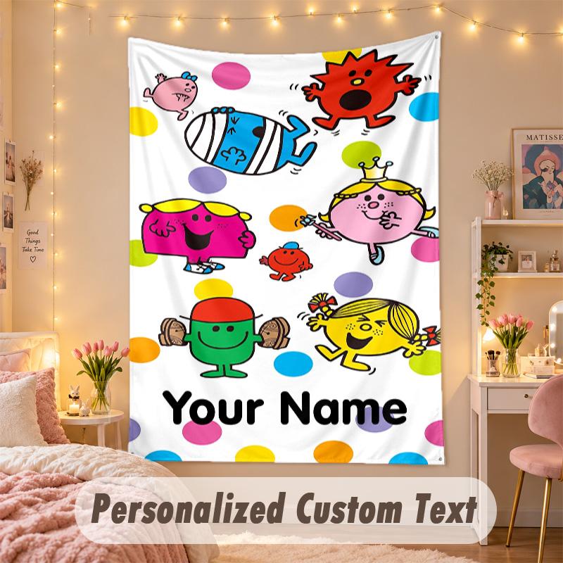Custom Personalized Tapestry,Mr. Men & Little Miss Print Custom Name Text Wall Art Hanging for Bedroom