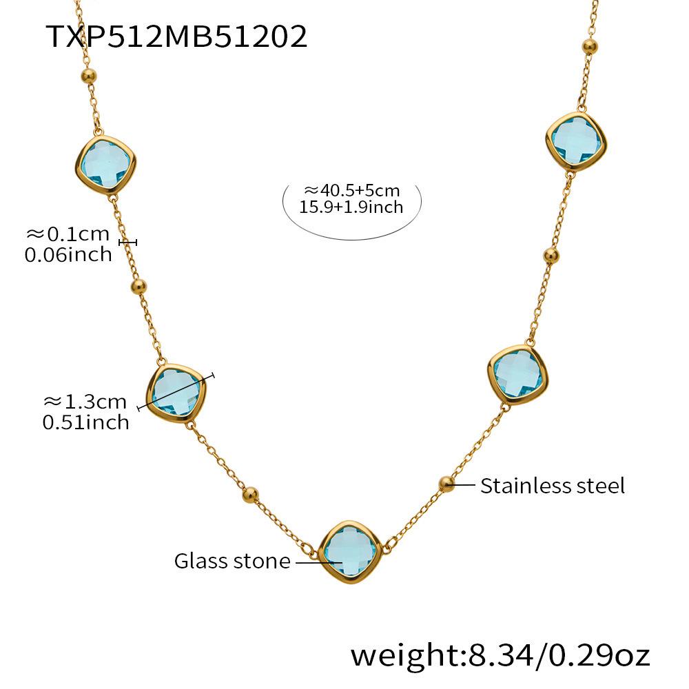 Stylish European & American Stainless Steel Jewelry Set with Square Faceted Glass Stones: Includes Bracelet, Necklace, and Earrings