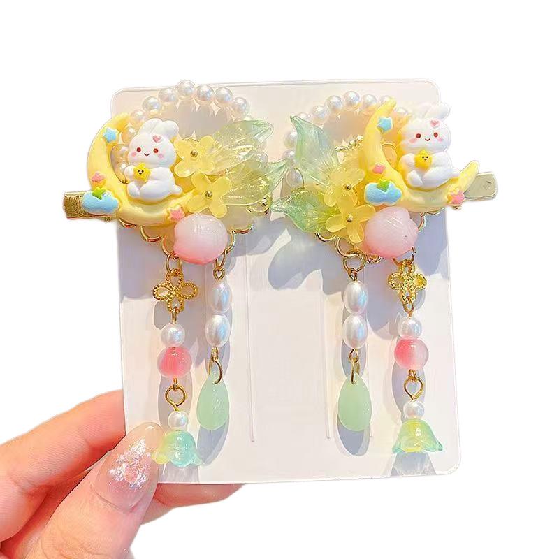 Beaded Pearl Rabbit Ears Tassel Hair Clip – Traditional Chinese Style for Kids