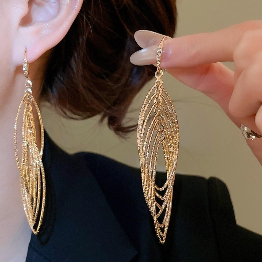 Exquisite Oval Hollow Long Tassel Dangle Earrings Gold Silver Exaggerated Ear Hook Light Luxury Ear Drop Ear Clip Women
