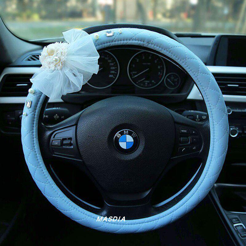 

Masdia Women s Car Steering Wheel Cover All Year Round Neutral Genuine Leather Fashion Goddess Style Car Interior Design Handle Cover Sky Blue