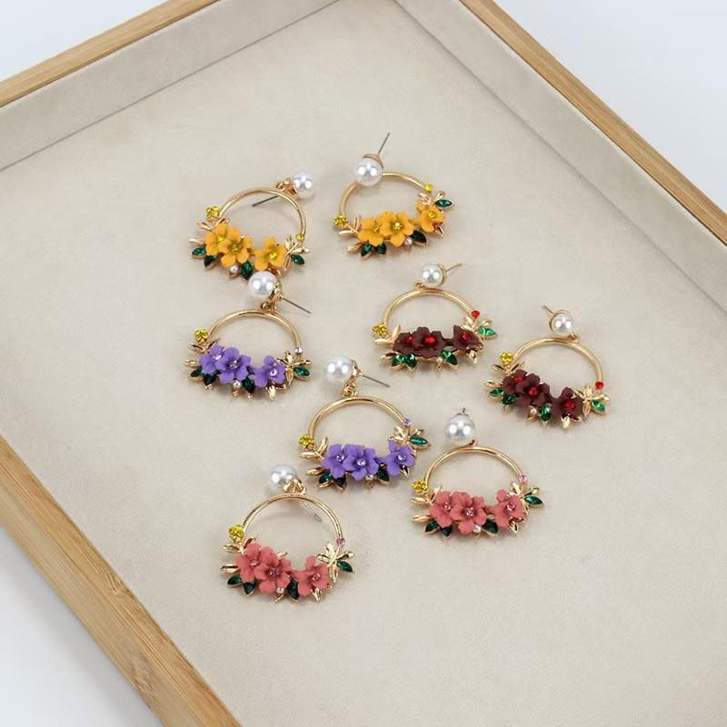 Korean Flower Stud Earrings, Sweet Temperament, Autumn/Winter Style, Polymer Clay with Pearl.