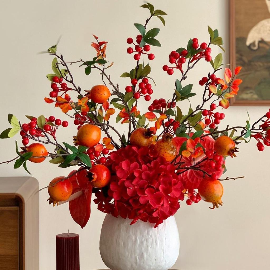 High-End Pomegranate Hydrangea Artificial Flowers for Elegant Living Room Display and Desktop Decoration
