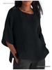 Women's Cotton Linen Three-Quarter Sleeve Shirt - Round Neck Top
