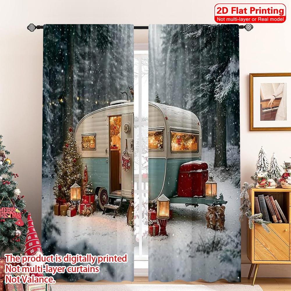 

Set Of 2 Flat Printing Merry Christmas Party Curtains Camping Versatile Polyester Without Electricity Decorations Made W100*H70(CM)-Hooks&2PCS