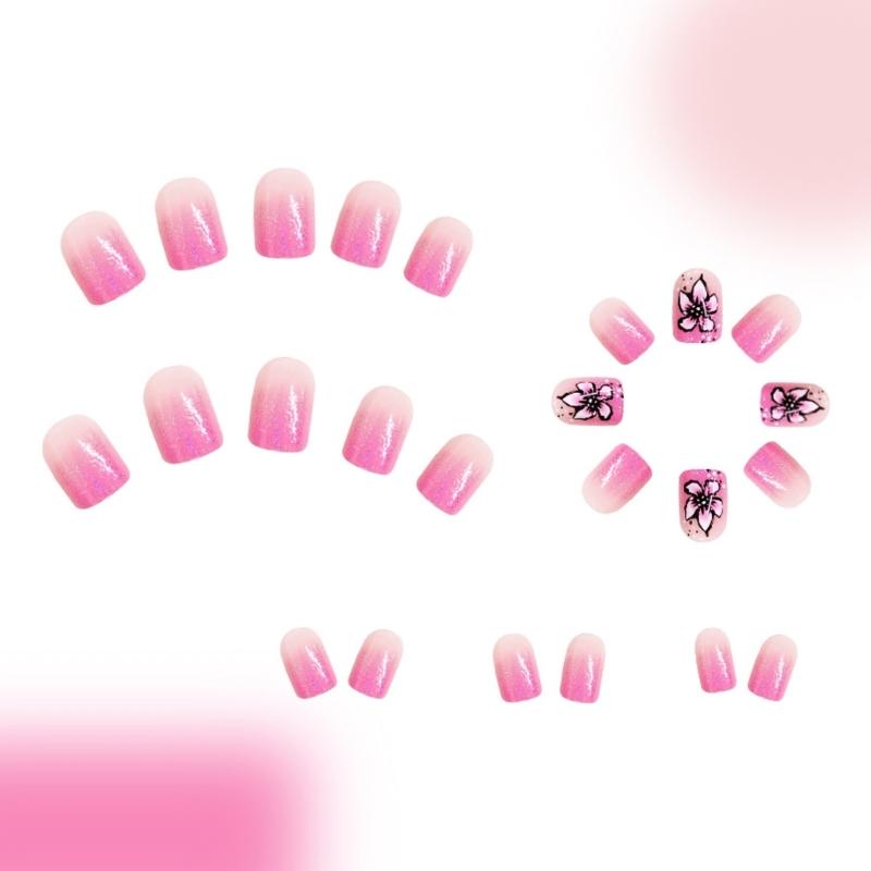 Square Press On Nail Flower Fake Nail Glues On Nail Artificial Acrylic Nail 12 Size 24pcs Stick On Nail for Women Girls