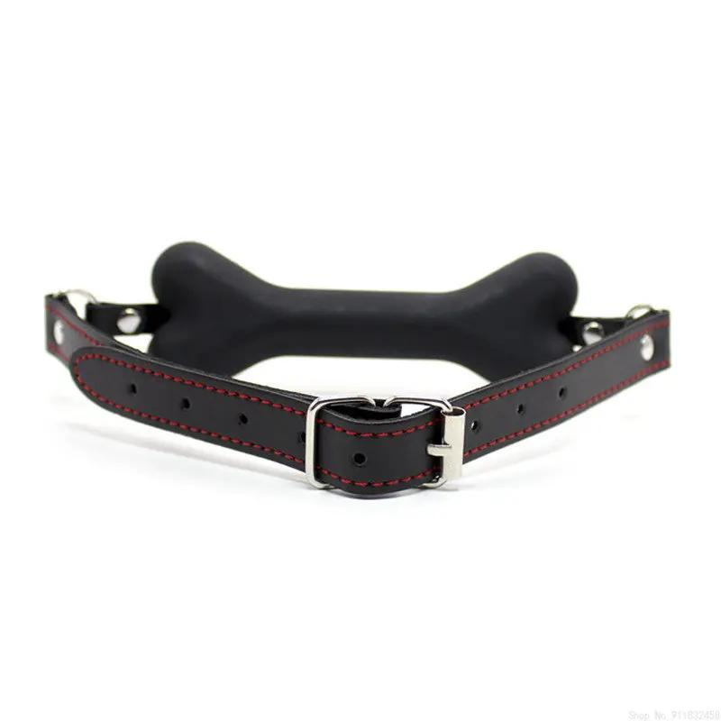 Cute Solid Leather Harness Mouth Silicone Dog Bone Ball Gag  Mouth Plug Couples Flirting Sex Products For Women