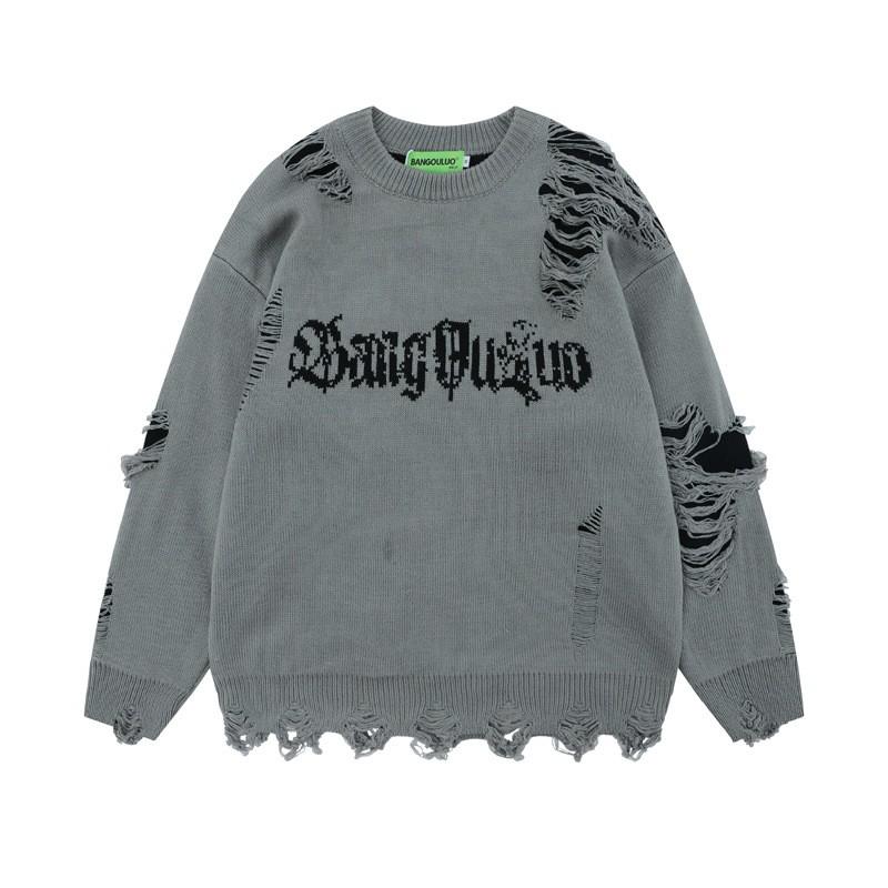 Unisex Oversized Knit Sweater With Distressed Hole Detail Streetwear Casual Pullover