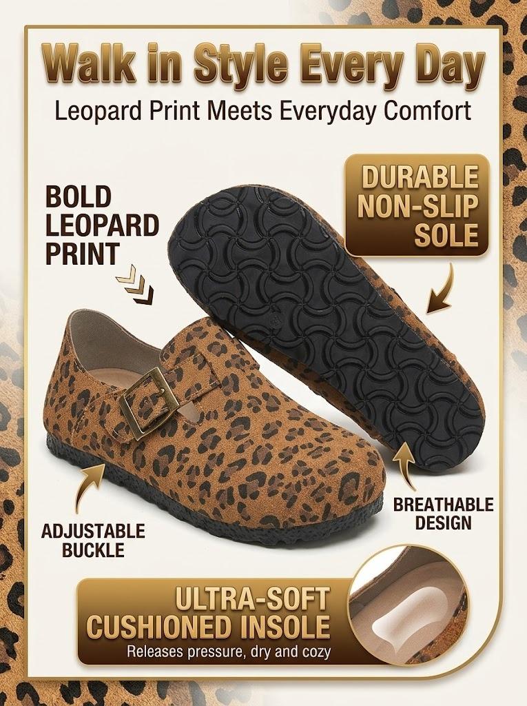 Women Leopard Print Leather Slip On Casual Mules Spring Comfort Low Wedge Flat Shoes