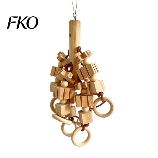 Bird Chew Toy Wood Blocks Parrot Toy, with Wooden Rings, Beak Care Biting Hanging Cage Accessory for Parakeet Conure Cockatiel
