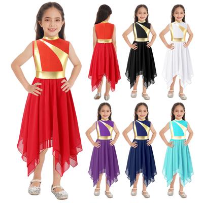Børn Piger Lovprisning Dansende Kjole Metallisk Patchwork Ærmeløs Asymmetrisk Kant Kjole Moderne Lyrisk Dansekostume