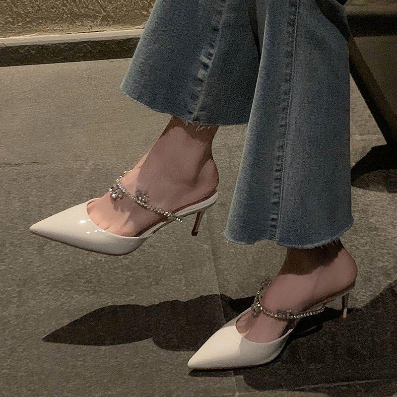 Light Luxury Style Outer Wear Thin Heel Pointed Head High Heel Summer New Fashion Celebrity Style Party Niche Half Slippers Women