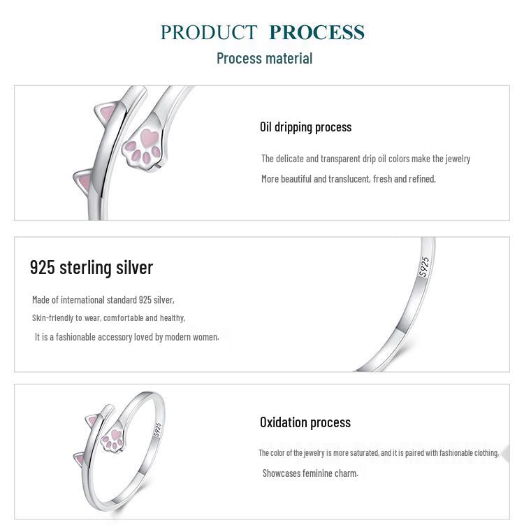 Ziyun S925 Silver Cat Open Ring with Pink Heart and Paw Print Design BSR316