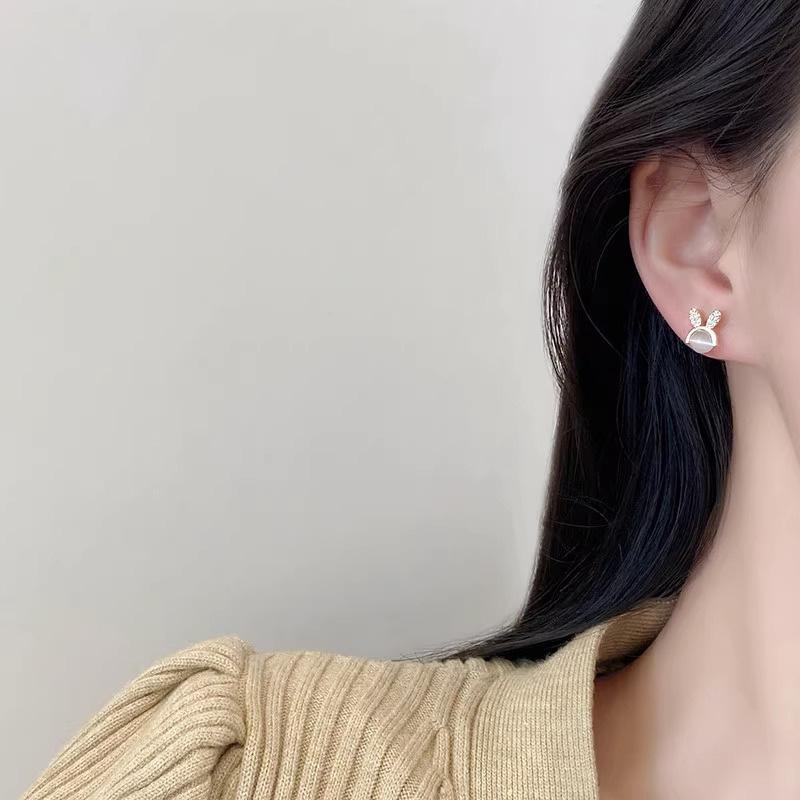 Delicate Small Cat Eye Stone Rabbit Earrings S925 Silver Pin Elegant Jewelry For Women