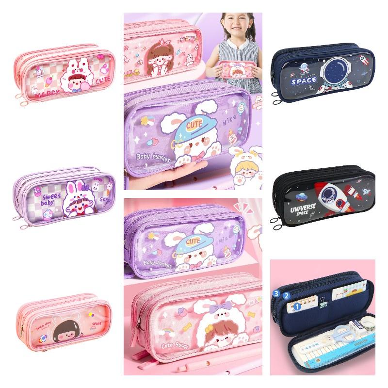 Tong Zhuo Transparentes Federmäppchen mit großer Kapazität für Jungen und Mädchen der Grundschule, Cartoon-Stil 8100 Pinkes Mädchen