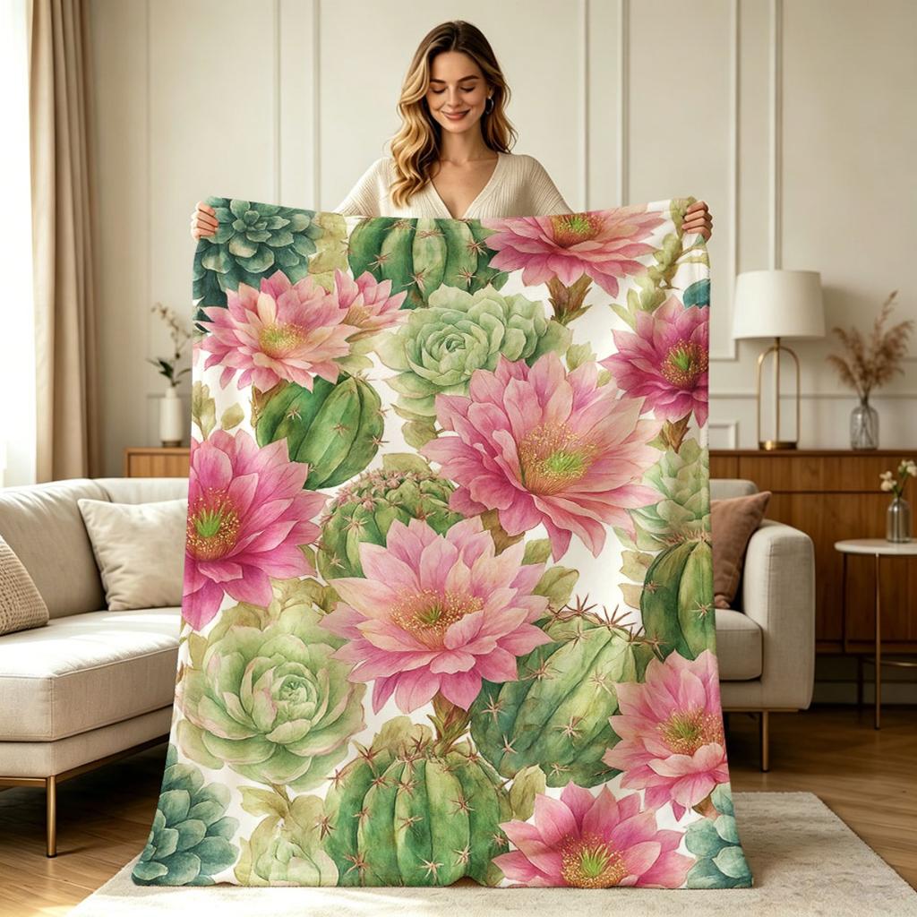 All Season Soft Flannel Throw Blanket with Watercolor Cactus And Pink Flower Botanical Print Lightweight Warm Cozy Decorative Blanket for Couch Sofa C