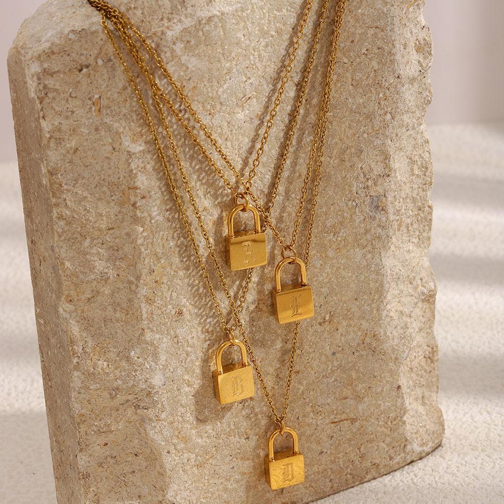 MamacitaSlay 316L Stainless Steel Ancient Letters Engaged Lock Pendant Necklace 18K Gold Plated Waterproof Neck Jewelry Gift