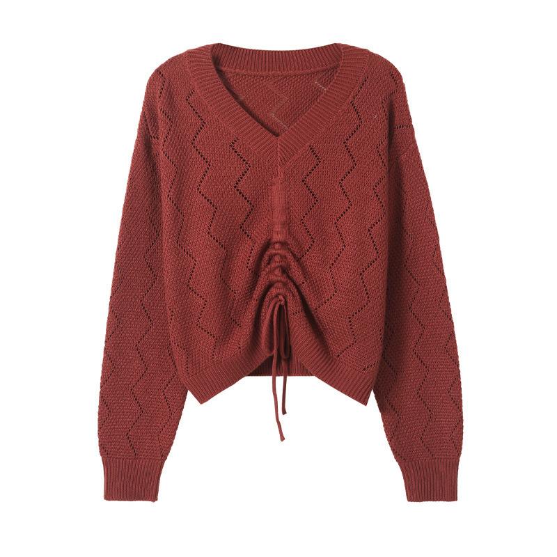 Fashion temperament drawstring top Hollow design Simple long-sleeved solid color v-neck knitted sweater Skinny women's summer