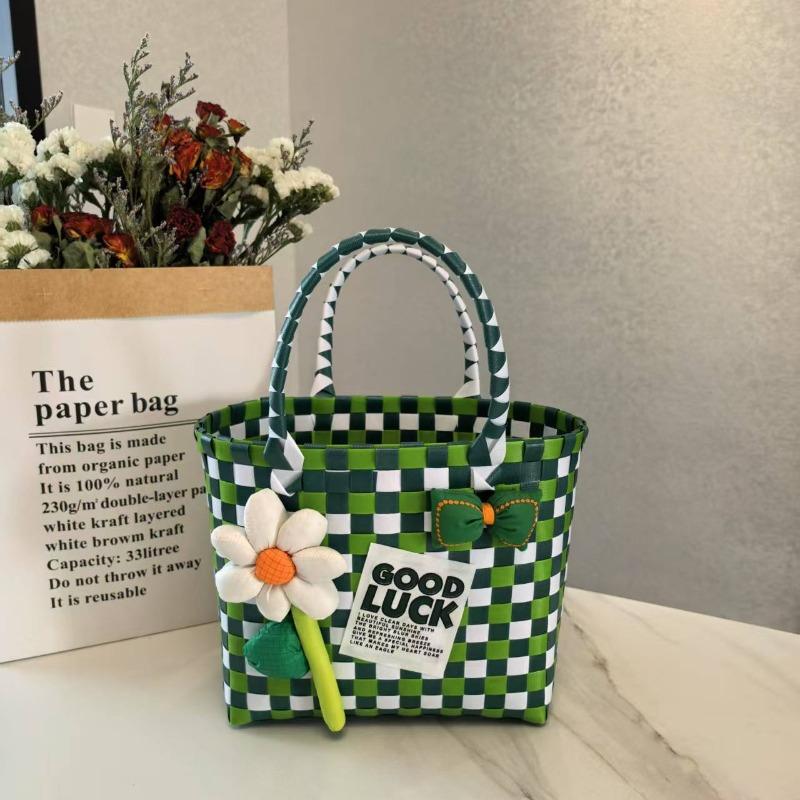Small Fresh Plastic Woven Handbag Bow Handwoven Bag Wrench Gift Packaging Bag Bow Plastic Woven Bag