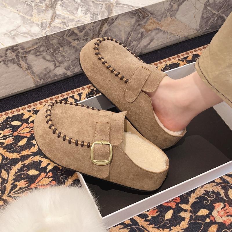 Cowhide Version Thick-soled Bag Head Half Slippers, Wear New Lamb Wool Shoes Cotton Slippers In Autumn and Winter