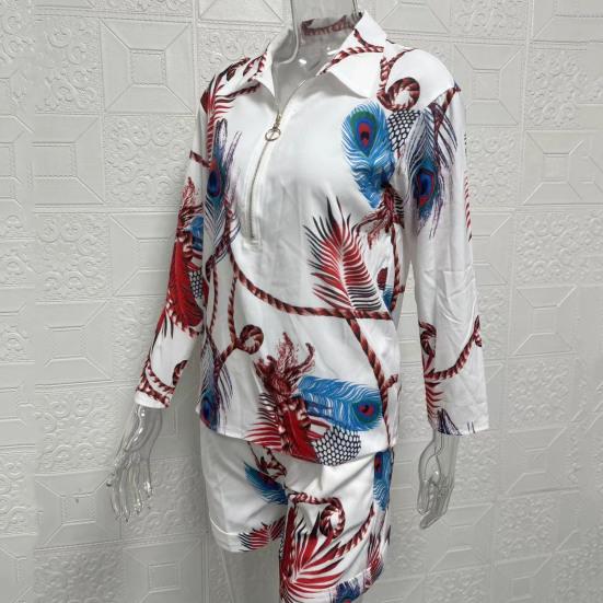 2 Pcs/Set Shirt Shorts Suit Zipper Lapel Loose Printed Long Sleeve Casual Soft Pockets High Waist Lady Top Shorts Set