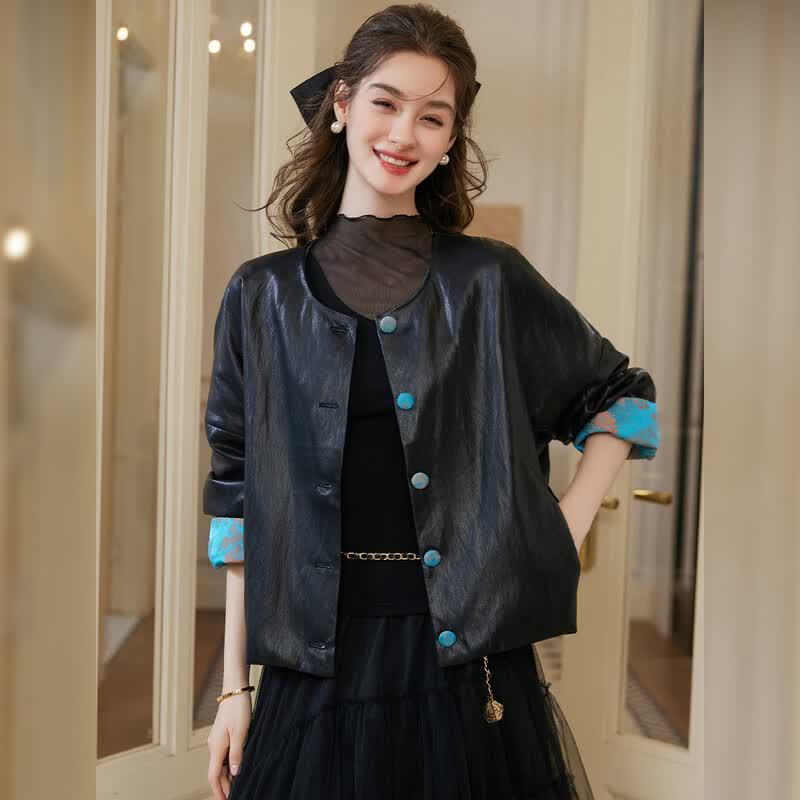 Bailuyu Chinese Style Color Block Faux Leather Trim Cardigan L