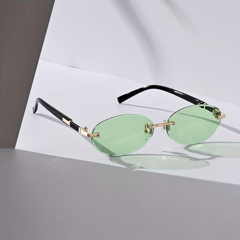 Vintage-Inspired Oval Frameless Fashion Glasses for Men & Women - Chic Black Metal Frame Tone Accents Multiple Colors Available