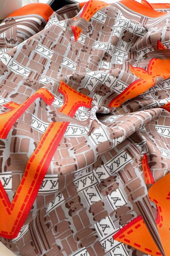 Women' Scarf 90X90 Brown and Orange - Geometric Pattern in an Artistic Style