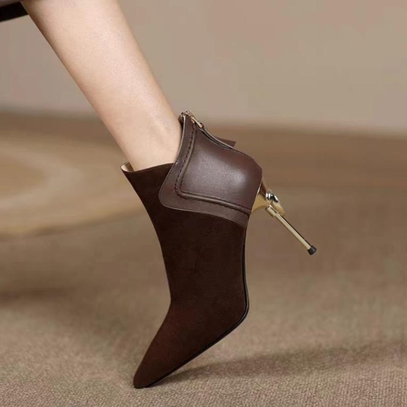 Fashion Temperament Pointed Toe Booties Women Spring and Autumn New Pointed Toe Scrub Leather Spliced Stiletto High Heel Boots