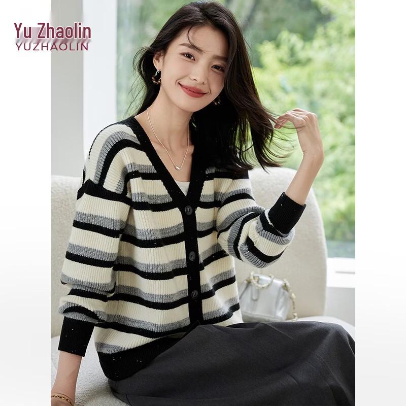 Women s Sequin Color-Block Striped Knitted Cardigan M
