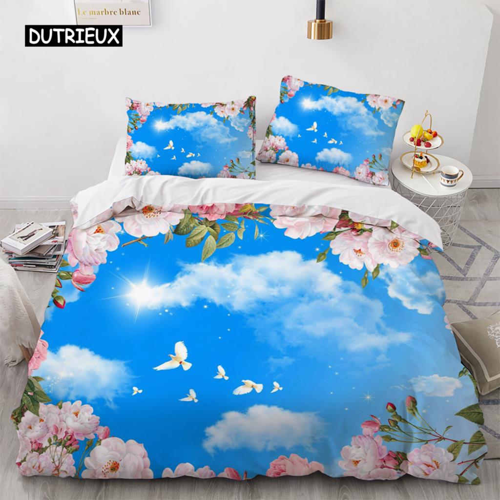 Blue Sky King Queen Påslakan Rosa Blommor Vit Flygande Fågel Sängkläder för Barn Tonåringar Vuxna 3d Naturlandskap Täcke