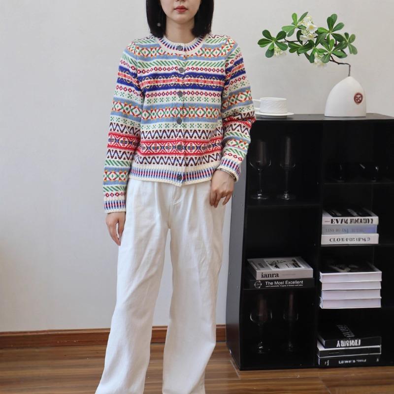 Color jacquard sweater jacket autumn and winter new retro crew neck soft waxy knitted cardigan top women