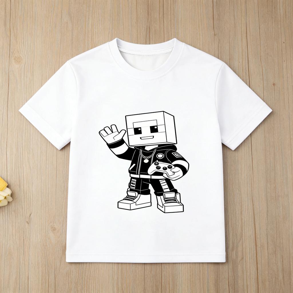 Kids Roblox Black Tshirt Gold Character Print Short Sleeve Casual Tee for Boys Girls
