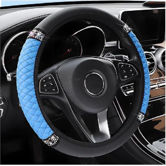 Bling Car Steering Wheel Cover, 15 Inch Rhinestones Soft Leather Elastic Steering Wheel Protector, Sparkly Crystal Diamond For Women Girls, Car