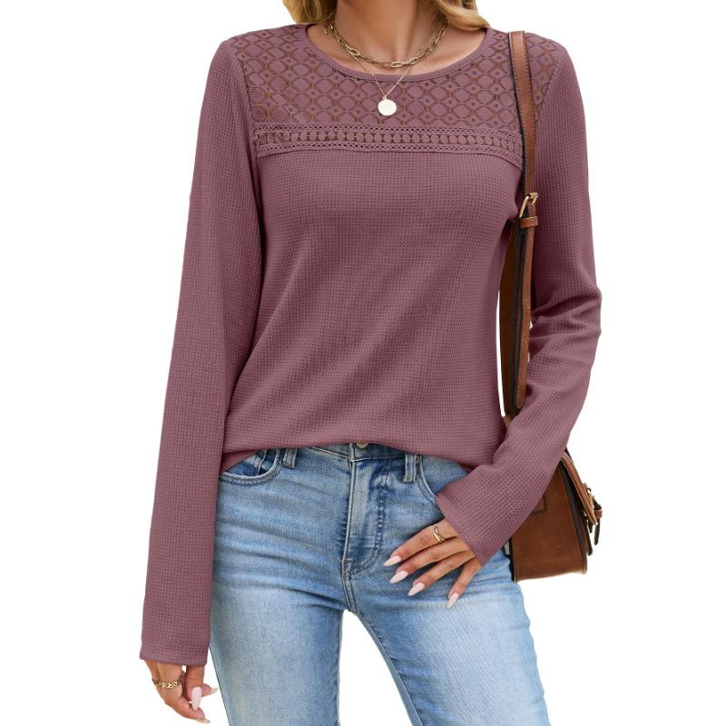 Women Solid Color Crew Neck Lace Patchwork Loose Long Sleeve Casual T Shirt