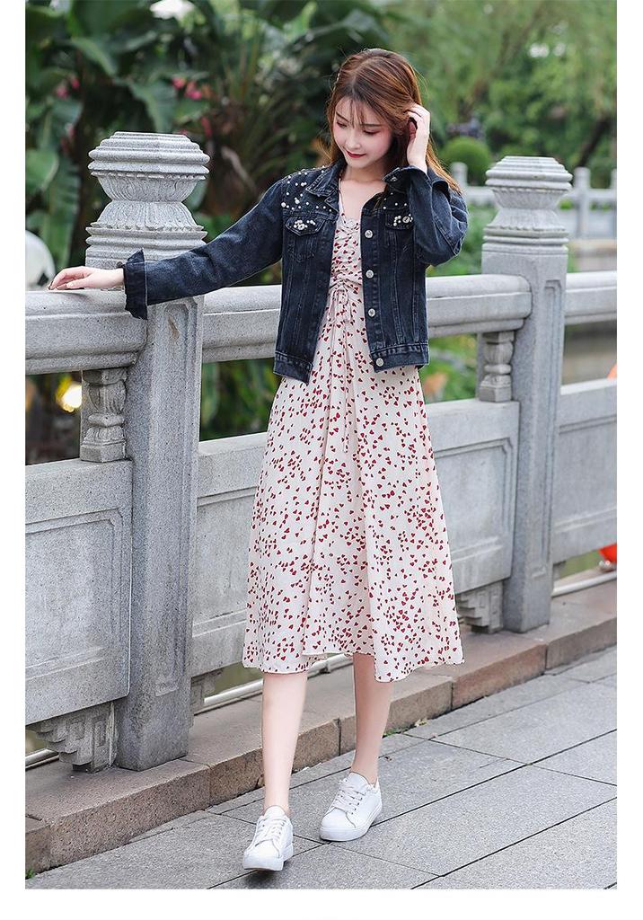Women's Beaded Pearl Ulzzang Denim Jacket - Loose Fit, Spring/Autumn