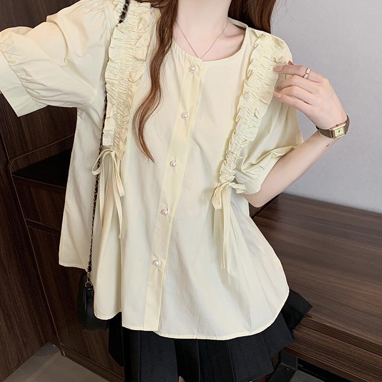 

Plus Size Korean Ruffle Lace Puff Sleeve Summer Doll Shirt for Women - Loose, Slimming, Unique Design XL