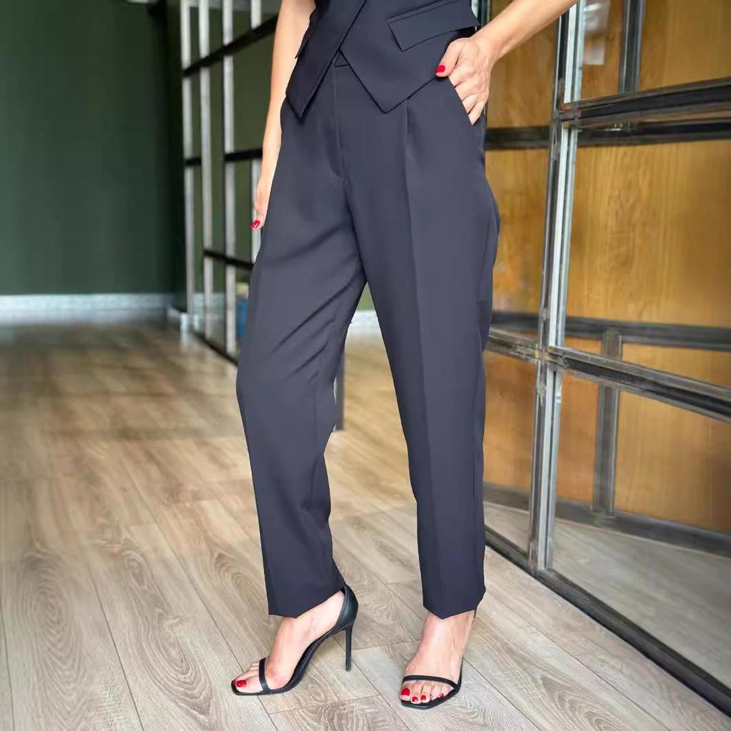 2024 European & American Spring/Summer Sleeveless Pocket Vest & Long Pants Women's Two-Piece Set